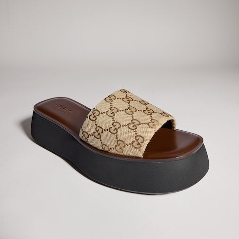 Women's flatform slide sandal - sand and brown GG canvas