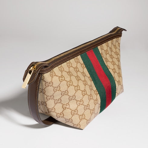 Small GG toiletry case with Web - sand and brown GG canvas