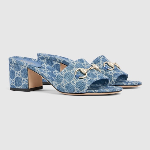 Women's slide sandal with Horsebit - blue GG denim