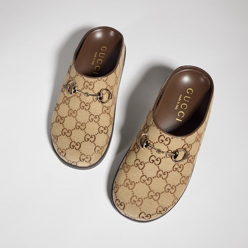 Women's mule with Horsebit - camel and dark brown GG canvas