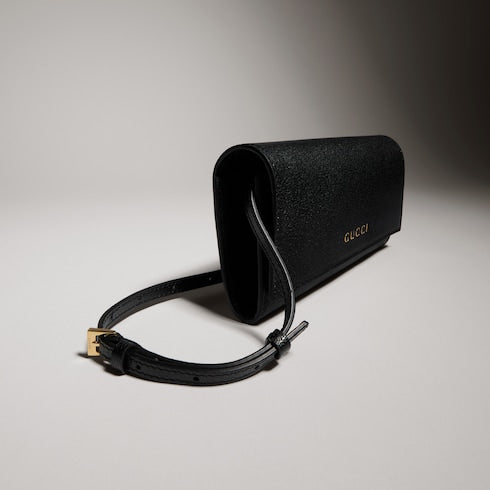 Wallet with strap and Gucci lettering - black leather