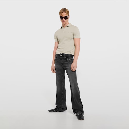 Cotton piquet polo shirt with embroidery - light grey