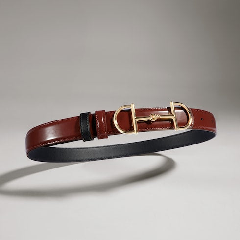 Reversible belt with Horsebit buckle - chestnut and black leather