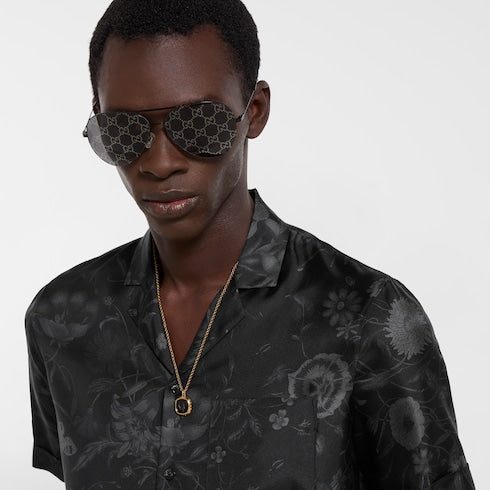 Printed silk twill bowling shirt - black and grey