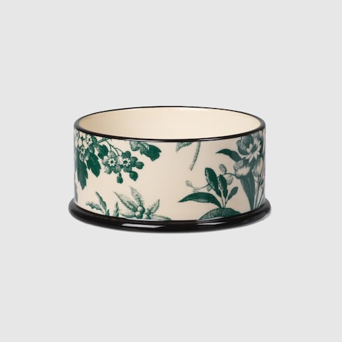 Small Herbarium print pet bowl - green and ivory porcelain