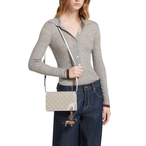 GG Emblem wallet with leather strap - beige and white fabric