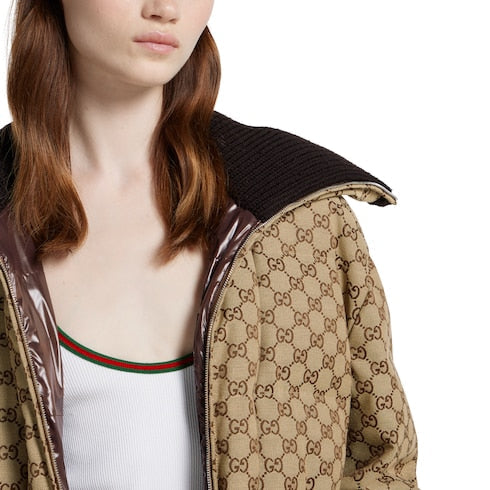 GG canvas puffer jacket - camel and dark brown