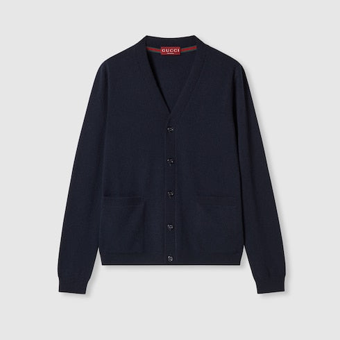 Fine cashmere cardigan with intarsia - navy