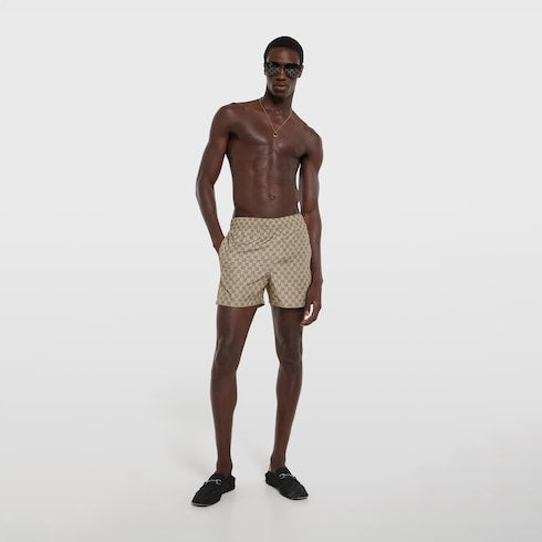 Printed polyester poplin swim shorts - beige and dark brown