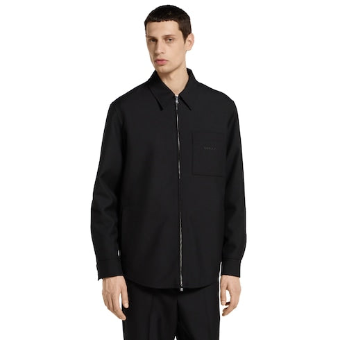 Wool twill zip overshirt - black
