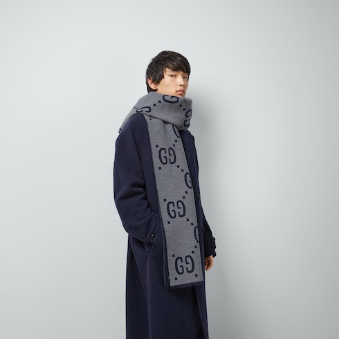 GG jacquard wool silk scarf - light grey