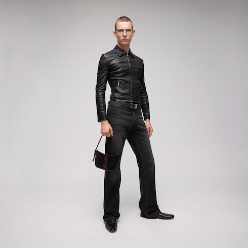 Reversible belt with rectangular buckle - black GG Supreme and leather
