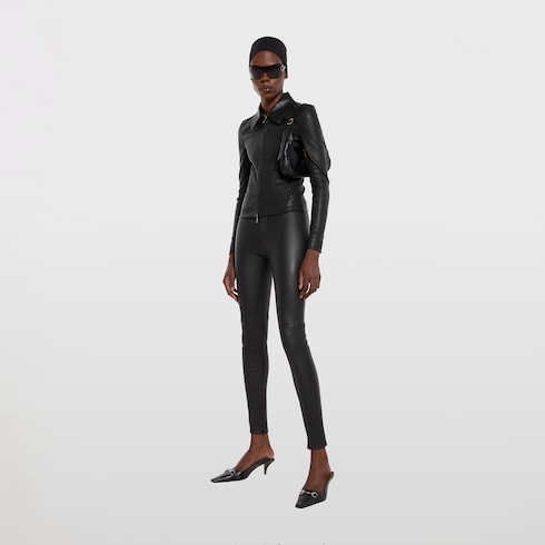 Bonded leather with stretch cotton leggings - black