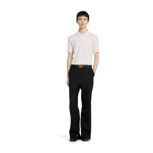 Knit wool polo shirt with Web - ivory