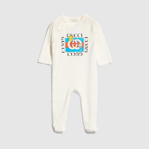 Baby cotton one-piece with print - white