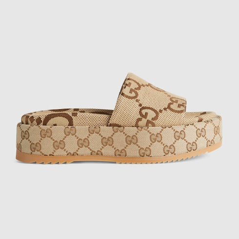 Women's platform slide sandal - camel and dark brown maxi GG canvas