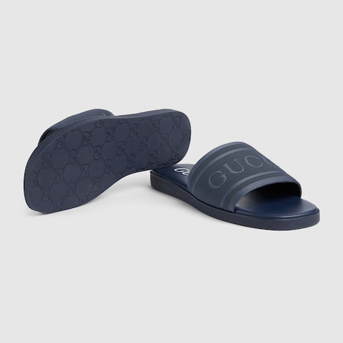 Men's slide sandal with tonal logo - blue jacquard fabric