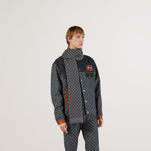 Dark Grey / Black Wool Double Jacquard GG Scarf - Dark Grey / Black Wool