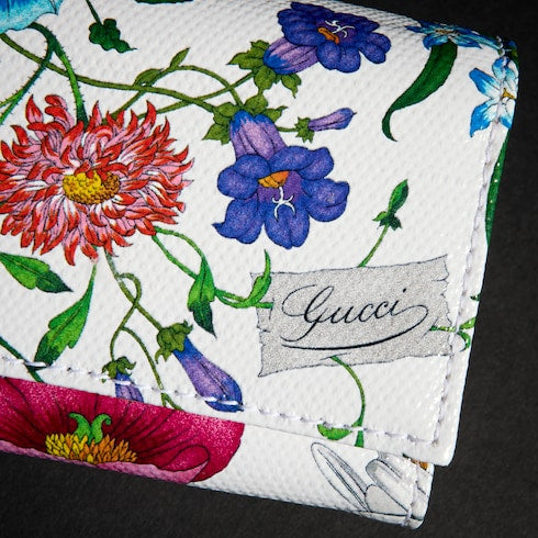 Flora-motif bi-fold card case - white and multicolor canvas