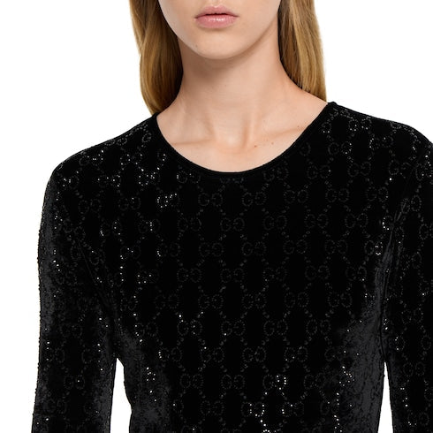 Embroidered stretch chenille top - black