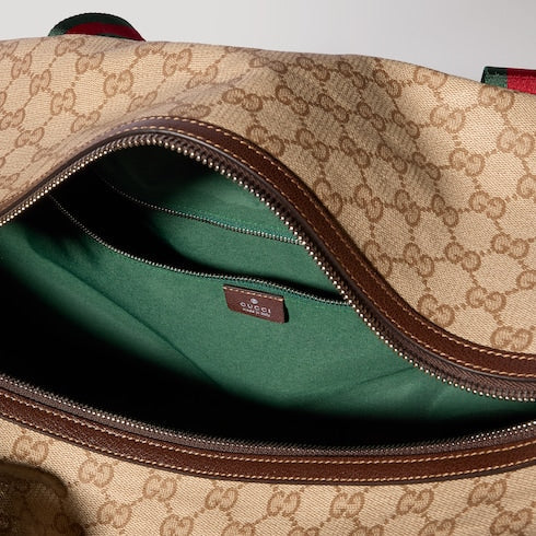 Medium duffle bag with Web - sand and brown GG canvas