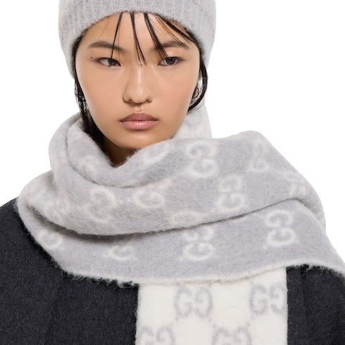 GG alpaca wool blend scarf - light grey and white