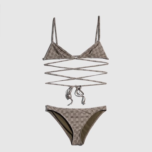 Printed stretch jersey bikini - beige and dark brown