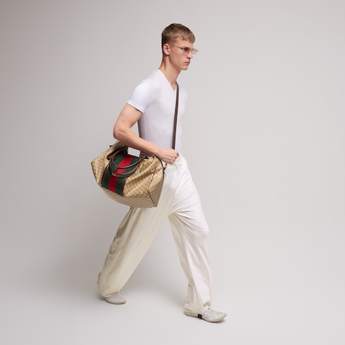 Medium GG duffle bag with Web - sand and brown GG canvas