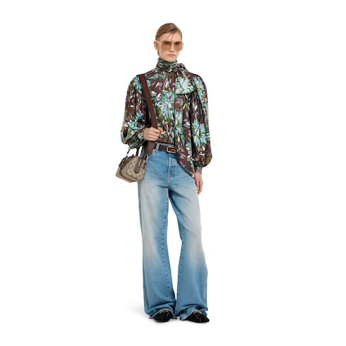 Flared bleached cotton denim pants - light blue
