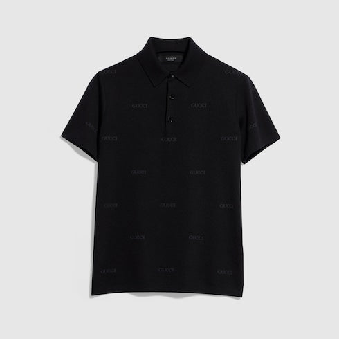 Wool silk Gucci jacquard polo shirt - black