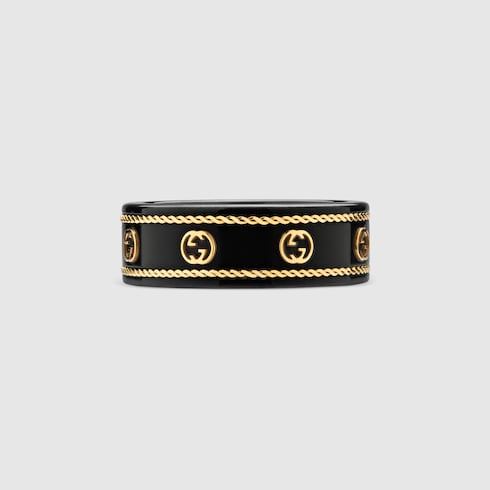 18K Yellow Gold And Black Icon Ring With Interlocking G - 18K Yellow Gold And Black