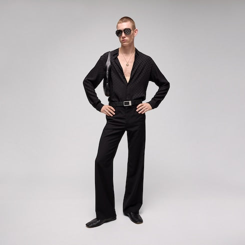 Reversible belt with rectangular buckle - black GG leather and leather