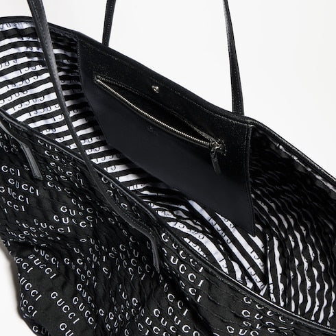 Maxi woven tote bag - black and white grosgrain