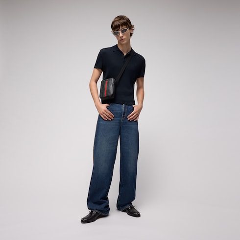 Technical knit fabric polo shirt with embroidery - dark blue