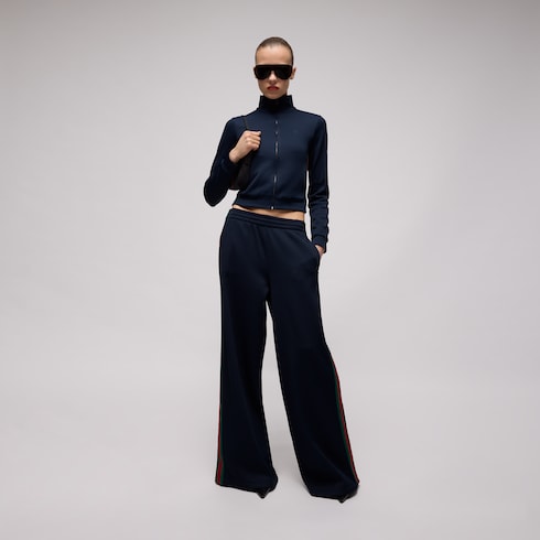 Rib cotton jersey leisure pants with Web - blue