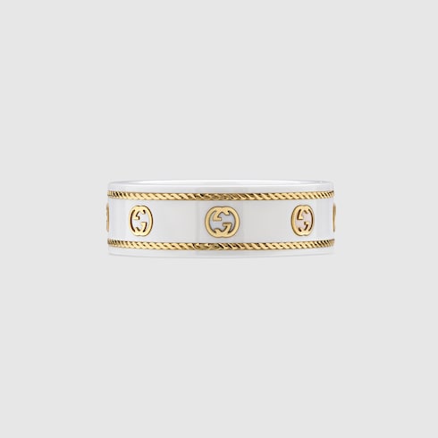18K Yellow Gold And White Icon Ring With Interlocking G - 18K Yellow Gold And White