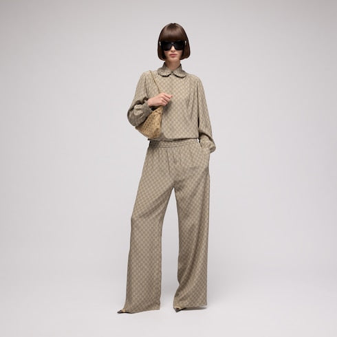 Printed silk crêpe de chine shirt - beige and dark brown