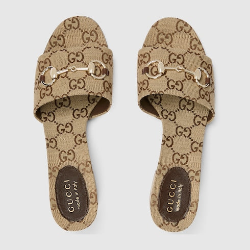 Women's slide sandal with Horsebit - camel and brown GG canvas