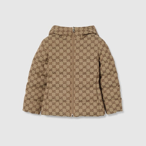 Children's GG canvas padded jacket - camel and dark brown