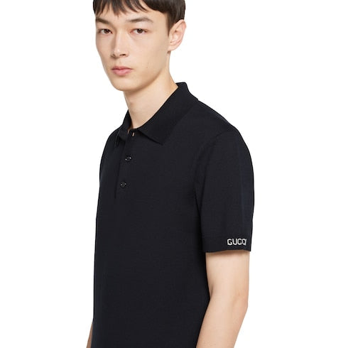 Silk cotton knit polo shirt - navy
