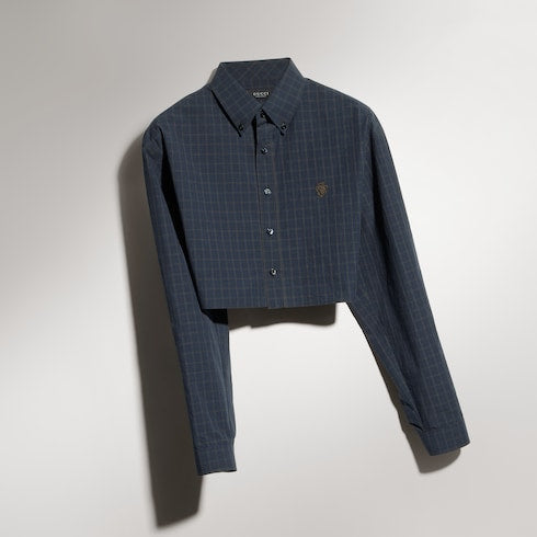 Cropped checked cotton poplin shirt - blue