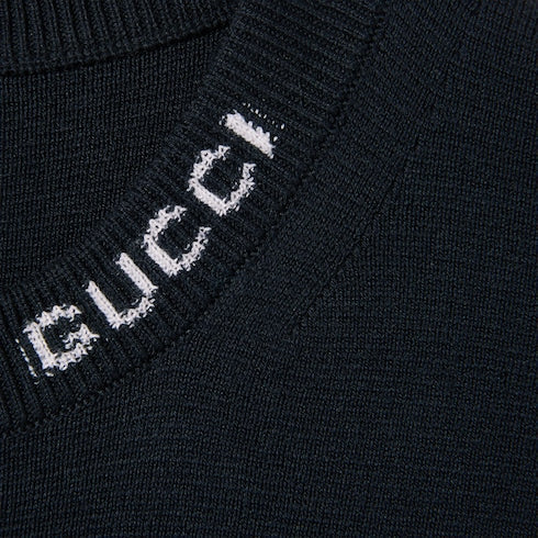 Silk cotton T-shirt with Gucci intarsia - navy